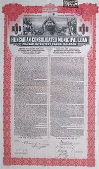 Magyar Egyesített Városi Kölcsön kötvény 1000 usa dollár 1926