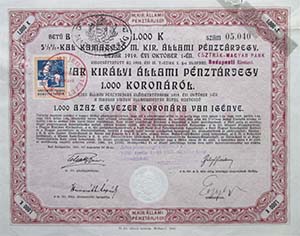 Magyar Királyi Állami Pénztárjegy 1000 korona 1916 5,5% 3 év