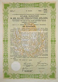 Magyar Kirlyi llami Trlesztses Klcsn Felvidki s Krptaljai Hitelszervezet cljaira 100 peng 1940