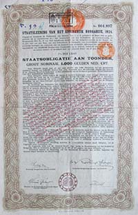 Államadóssági Kötvény- Járadékkölcsön 1000 holland gulden 1924
