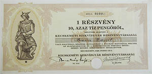 Kecskemti Szikvzgyr Rszvnytrsasg rszvny  10 peng 1926