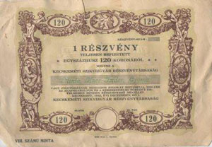 Kecskemti Szikvzgyr Rszvnytrsasg rszvny 120 korona 1922 MINTA