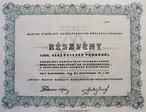 "Emese" Magyar Kisérleti Repülőgépgyár Részvénytársaság részvény 1000 pengő 1942