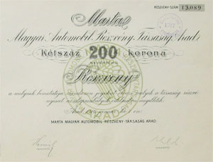 MARTA Magyar Automobil Részvény Társaság Arad 200 korona 1916