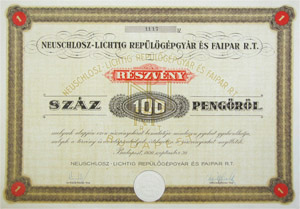 Neuschlosz-Lichtig Repülőgépgyár és Faipar Részvénytársaság részvény 100 pengő 1930