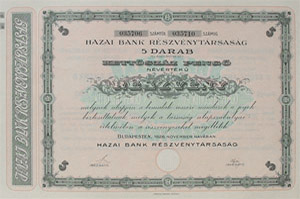 Hazai Bank Részvénytársaság részvény 5 x 40 200 pengő 1926