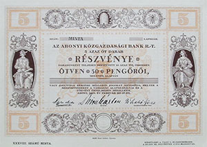 Abonyi Közgazdasági Bank Részvénytársaság részvény 50 pengő 1927