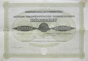 Alföldi Pénzintézet Részvénytársaság részvény 100 pengő 1926