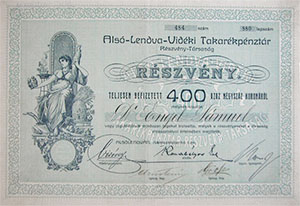 Alsó-Lendva-Vidéki Takarékpénztár Részvénytársaság részvény 400 korona Alsólendva