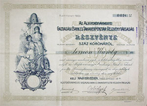 Alsófehérvármegyei Gazdasági Bank és Takarékpénztár Részvénytársaság 100 korona 1903 Nagyenyed