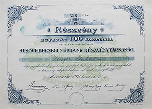 Alsóvereczkei Népbank Részvénytársaság részvény 100 korona 1911