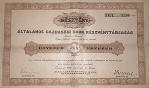 Általános Gazdasági Bank Részvénytársaság részvény 100x10 1000 pengo 1929