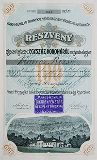 Arad-Hegyaljai Takarékpénztár Részvénytársaság Gyorokon részvény 100 korona 1905