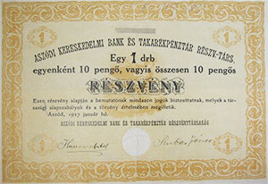 Aszódi Kereskedelmi Bank és Takarékpénztár Részvénytársaság részvény 10 pengő 1927 Aszód
