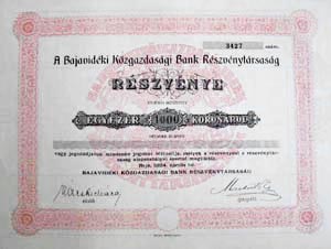 Bajavidki Kzgazdasgi Bank Rszvnytrsasg rszvny 1000 korona 1924 Baja