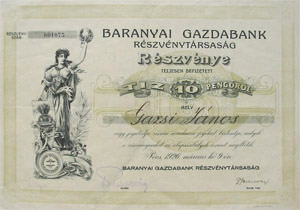 Baranyai Gazdabank Rszvnytrsasg rszvny 10 peng 1926 Pcs