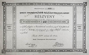 Barti Takarkpnztr Rszvnytrsasg rszvny 150 lei 1920 Bart