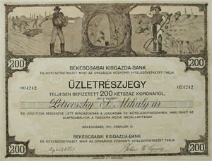 Bkscsabai Kisgazda Bank s Hitelszvetkezet zletrszjegy 200 korona 1921