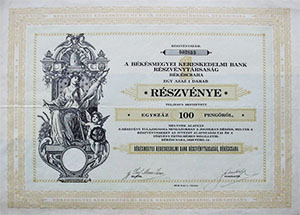 Bksmegyei Kereskedelmi Bank Rszvnytrsasg rszvny 100 peng 1928 Bkscsaba