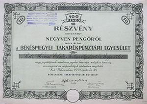 Bksmegyei Takarkpnztri Egyeslet  rszvny 10x40 400 peng 1939