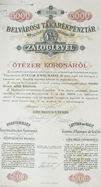 Belvrosi Takarkpnztr Rszvnytrsasg zloglevl 5000 korona 1921
