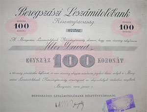 Beregszszi Leszmitolbank Rszvnytrsasg rszvny 100 korona 1909