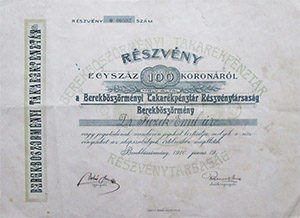 Berekbszrmnyi Takarkpnztr Rszvnytrsasg rszvny 100 korona 1910