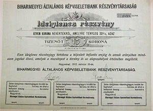 Biharmegyei ltalnos Kpviseletibank Rszvnytrsasg ideiglenes rszvny 15 korona 1912 Nagyvrad
