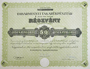Biharmegyei Takarkpnztr Rszvnytrsasg rszvny 50 peng 1941 Nagyvrad