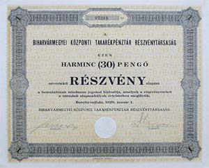 Biharvrmegyei Kzponti Takarkpnztr Rszvnytrsasg rszvny 30 peng 1929 Berettyjfalu