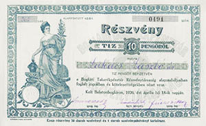 Boglri Takarkpnztr Rszvnytrsasg rszvny 10 peng 1926 Balatonboglr