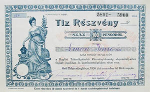 Boglri Takarkpnztr Rszvnytrsasg rszvny 10x10 100 peng 1926 Balatonboglr