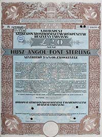 Budapest Szkesfvrosi Kzsgi Takarkpnztr  Rszvnytrsasg zloglevl 20 font 1930