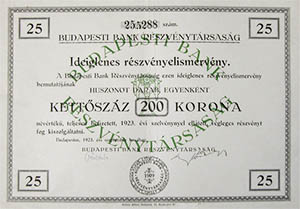 Budapesti Bank Rszvnytrsasg ideiglenes rszvnyelismervny 5000 korona 1923