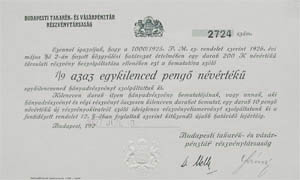 Budapesti Takark- s Vsrpnztr Rszvnytrsasg reszveny 1/9 peng 1927