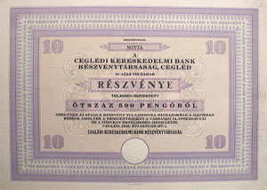 Ceglédi Kereskedelmi Bank részvény 10x50 pengő 1941