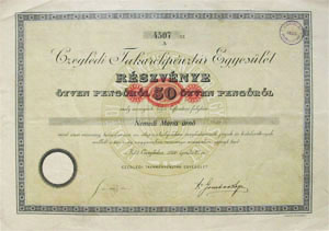 Ceglédi Takarékpénztár Egyesület részvény 50 pengő 1926