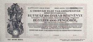 Csorvási Első Takarékpénztár Részvénytársaság részvény 100x10 pengő 1927 minta