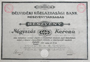 Délvidéki Közgazdasági Bank Részvénytársaság részvény 400 korona 1917 Szabadka, Zombor