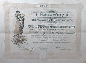 Demecseri Gazdasági és Kereskedelmi Hitelintézet Részvénytársaság részvény 200 korona 1910