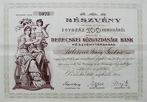 Derecskei Közgazdasági Bank Részvénytársaság részvény 100 korona 1910 Derecske
