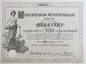 Dévai Hitelbank Részvénytársaság részvény 100 korona 1908