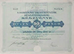 Dombvri Takarkpnztr Rszvnytrsasg rszvny 50 peng 1926