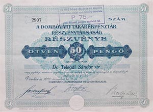 Dombóvári Takarékpénztár Részvénytársaság részvény 50 pengő 1929