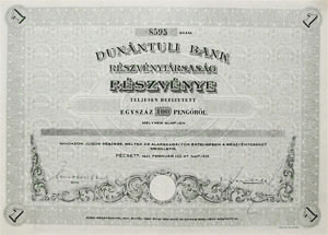 Dunántúli Bank Részvénytársaság részvény 100 pengő 1941