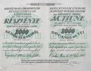 Egyesült Bank és Takarékpénztár Részvénytársaság részvény 10x20 lei 1922