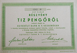 Egyesült Bank Részvénytársaság Szászrégen részvény 10 pengő 1942