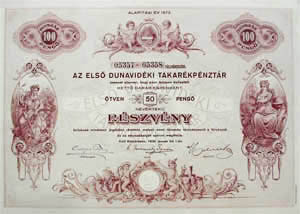 Első Dunavidéki Takarékpénztár részvény 2x50 pengő 1930