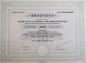Első Gyulavárosi Takarékpénztár részvény 10x100 1000 pengő 1928 Gyula
