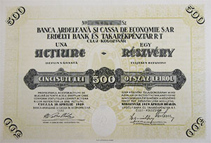 Erdélyi Bank és Takarékpénztár Részvénytársaság részvény 500 lei 1929 Kolozsvár